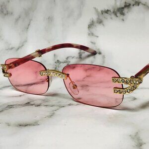 Hip Hop Women Men Sunglasses Pink Rimless Luxury Retro Shades‎ Gold Metal Lentes
